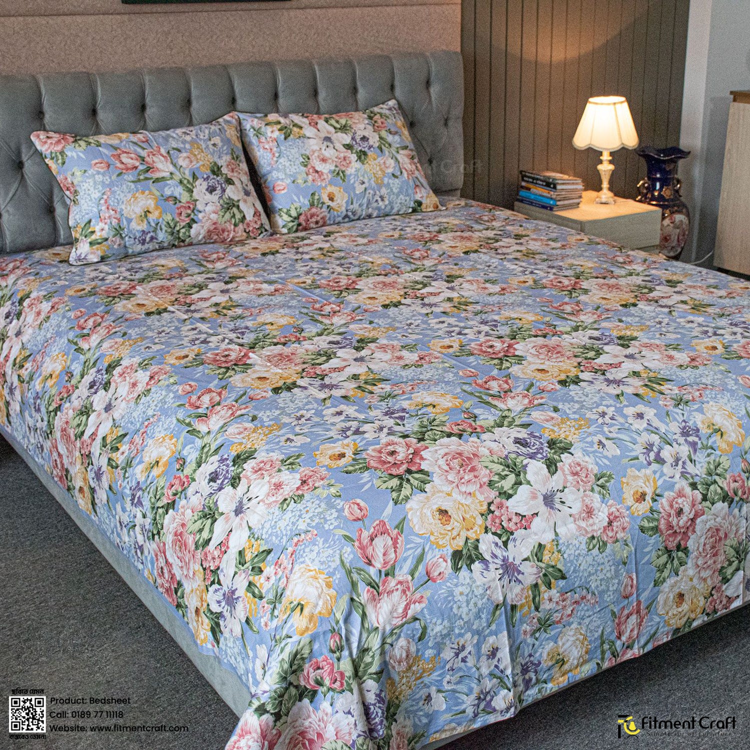 Monsoon Blooms Print Bedsheet- Heather Blue - PBS - 0052