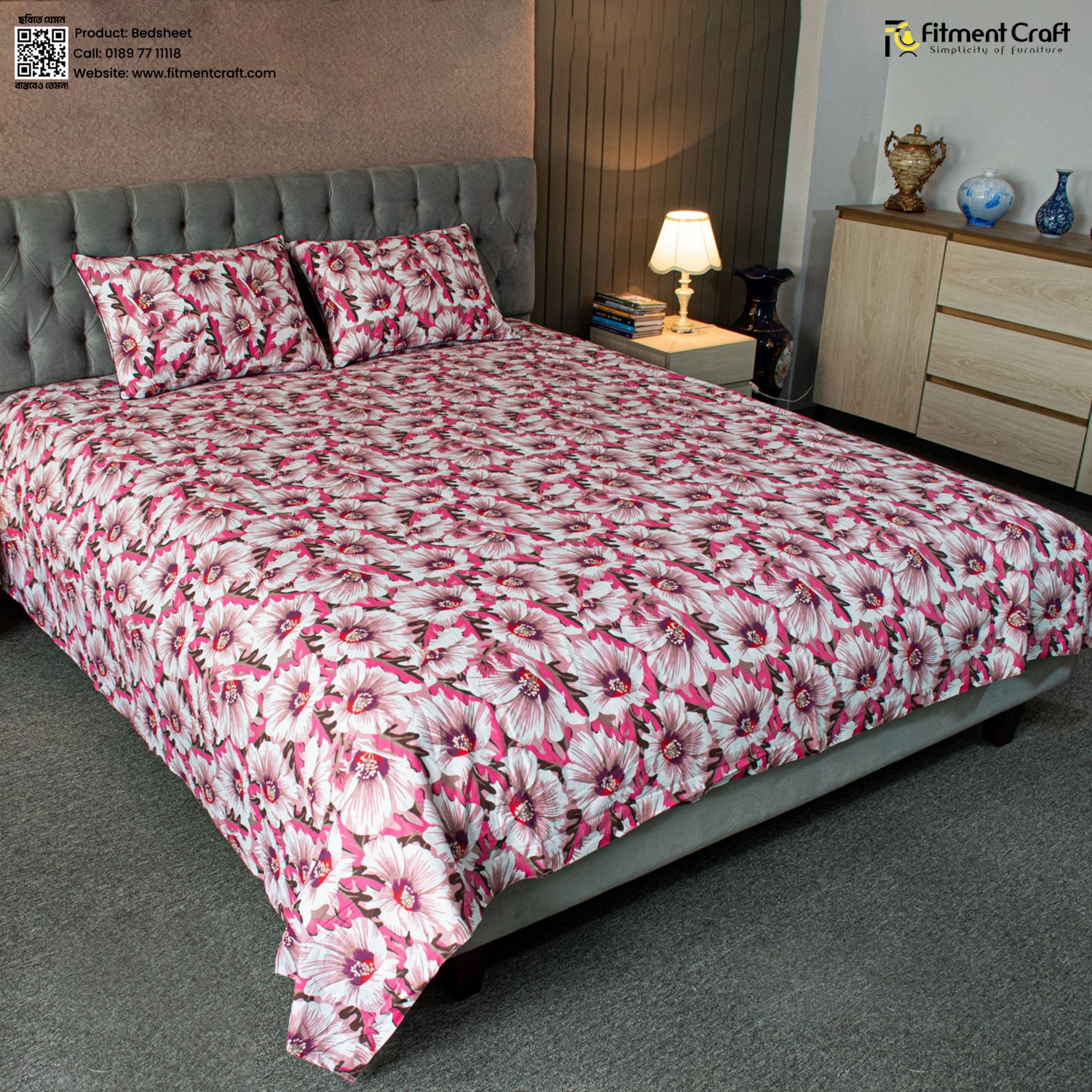 China Rose Print Bed Sheet – Pink - PBS - 0048