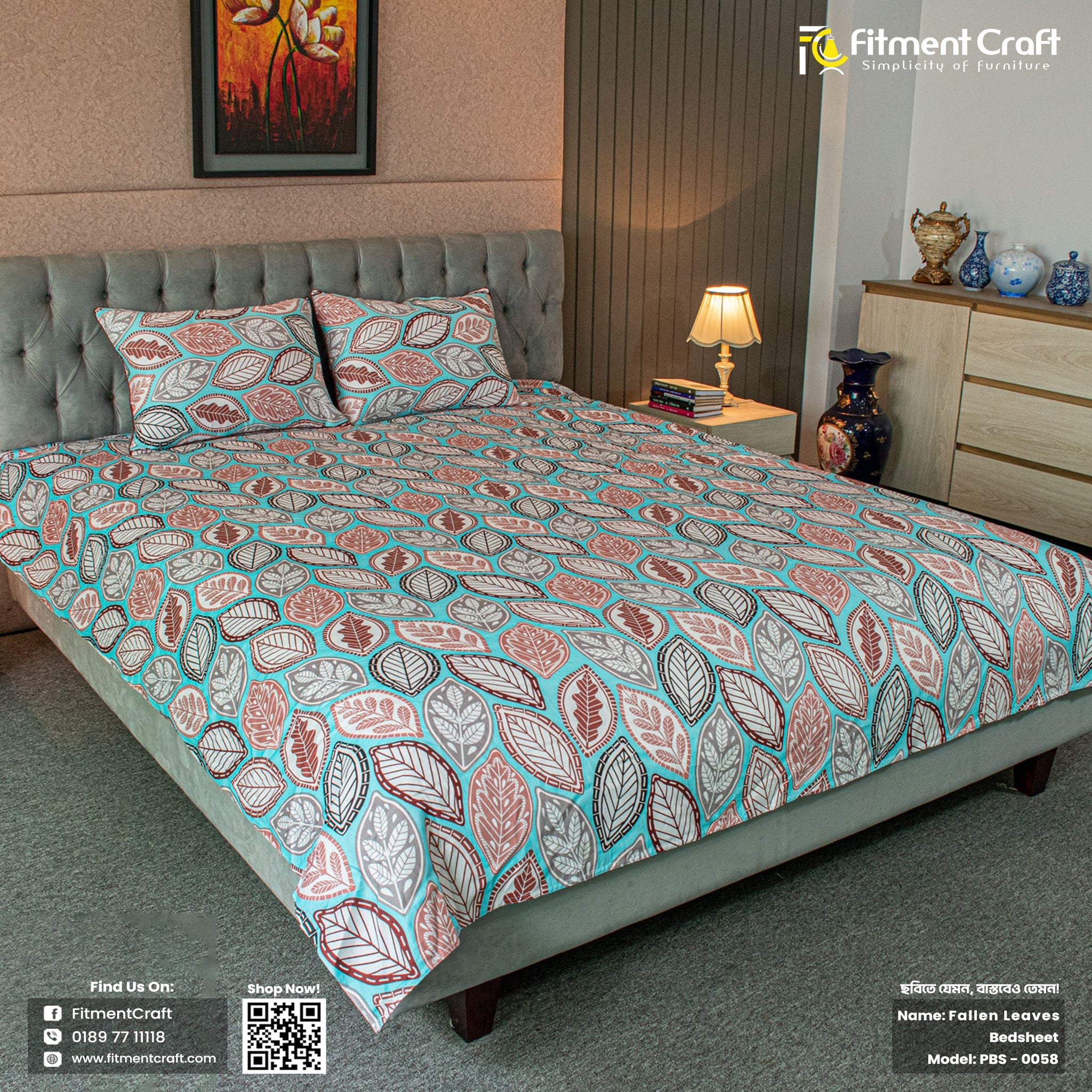 Fallen Leaves Print Bed Sheet – Pastel Blue । PBS -0058